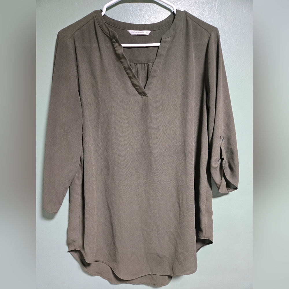 Port Authority Gray Relaxed Blouse with Mandarin Collar
